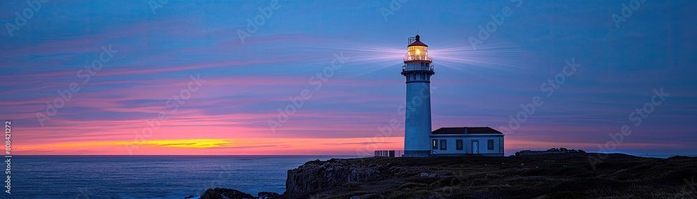 The majestic lighthouse proudly stands amidst a breathtaking sunset backdrop