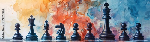 The captivating canvas is adorned with vibrant watercolor pawns, skillfully led by a masterful chess king photo