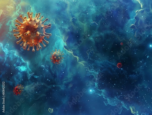 A single, colorful virus with a unique, artistic design floating in a deep blue nebula Balance the scientific concept with a touch of artistic whimsy © EC Tech 