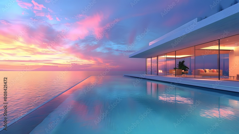 A minimalist glass villa with a floating effect above a rectangular swimming pool, glowing warmly under the evening sky at sunset.