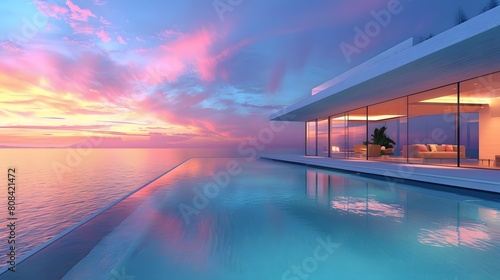 A minimalist glass villa with a floating effect above a rectangular swimming pool  glowing warmly under the evening sky at sunset.