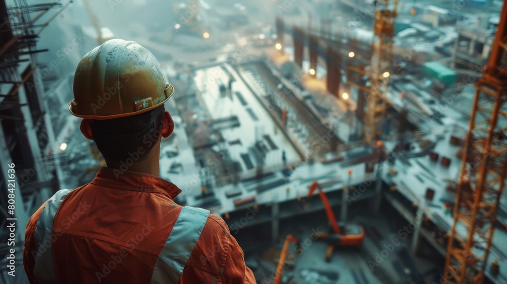 Engineer technician watching the team on a tall steel platform Engineer technicians are looking at and analyzing unfinished construction projects. Engineer technician watching the team on a tall steel platform Engineer technicians are looking at and analyzing unfinished construction projects.