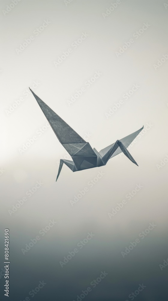 A single origami crane soaring gracefully through a cloudless white sky