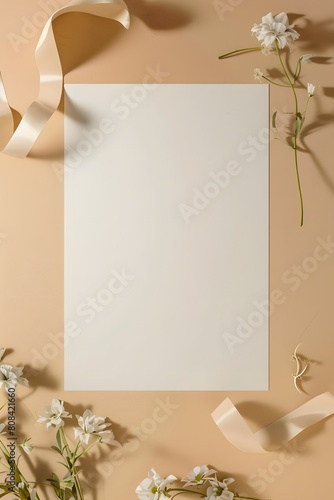 Graceful greeting card invitation isolated empty space adorned with elegant ribbon and flower decoration