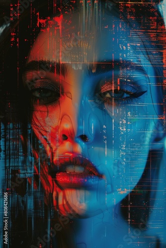 Technology Concept : Digital portrait of a woman with blue and red glitch effects