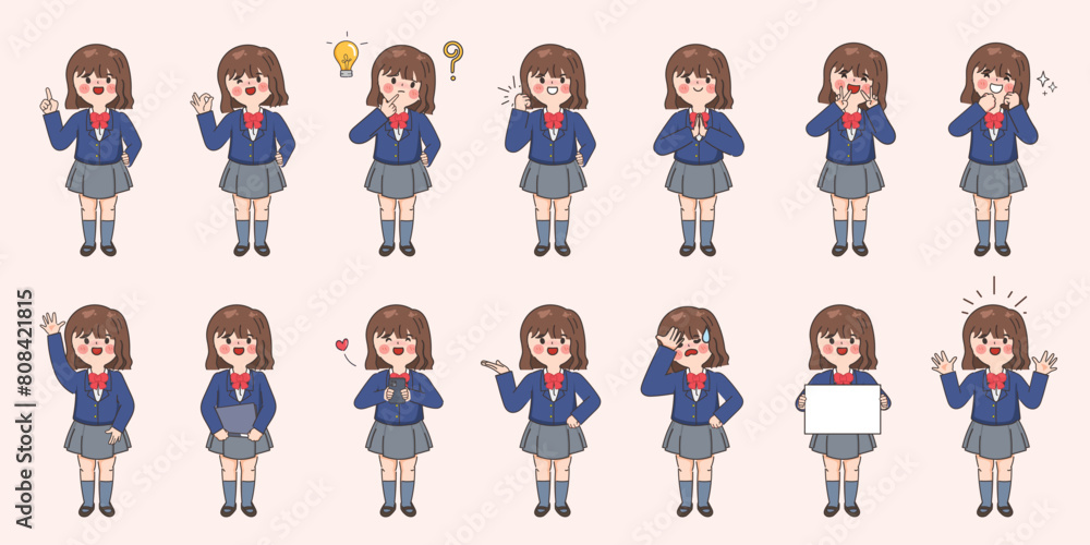 Set of hand drawn student girl with various facial expressions character pose.