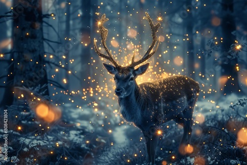 Enchanted deer surrounded by glowing particles in a magical forest