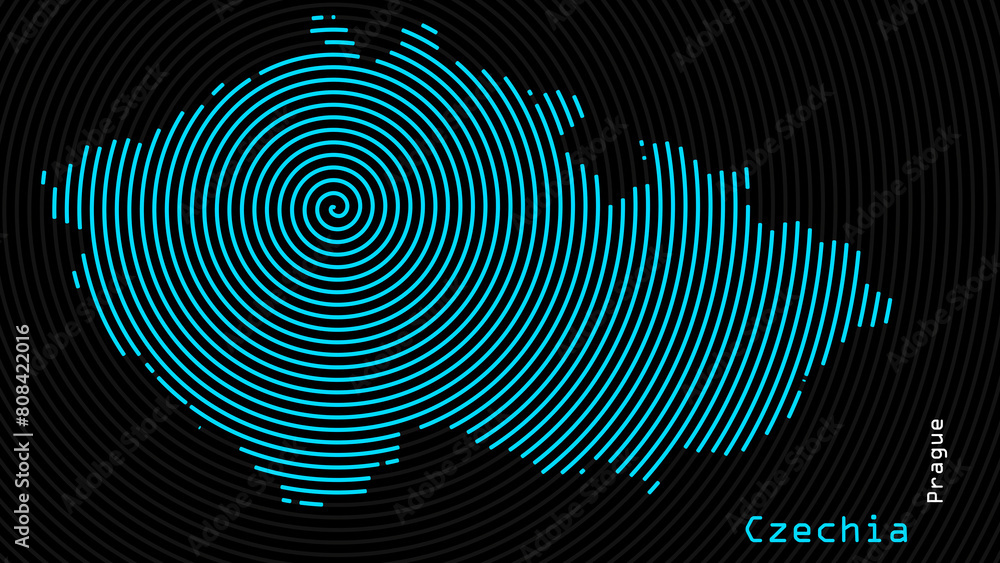 A map of Czechia, with a dark background and the country's outline in the shape of a colored spiral, centered around the capital. A simple sketch of the country, highlighting its unique shape. A map of Czechia, with a dark background and the country's outline in the shape of a colored spiral, centered around the capital. A simple sketch of the country, highlighting its unique shape.