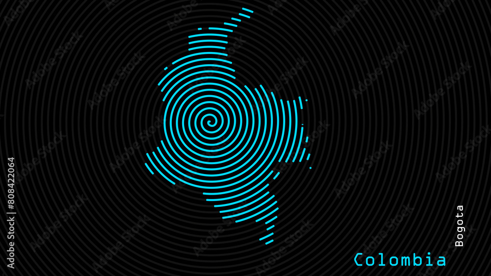 A map of Colombia, with a dark background and the country's outline in the shape of a colored spiral, centered around the capital. A simple sketch of the country, highlighting its unique shape. A map of Colombia, with a dark background and the country's outline in the shape of a colored spiral, centered around the capital. A simple sketch of the country, highlighting its unique shape.