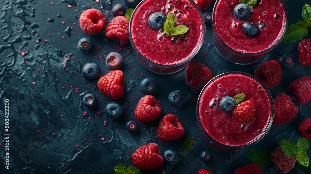 Bright berry smoothie glasses, top perspective, isolated on a deep dark textured backdrop, studio shine Bright berry smoothie glasses, top perspective, isolated on a deep dark textured backdrop, studio shine