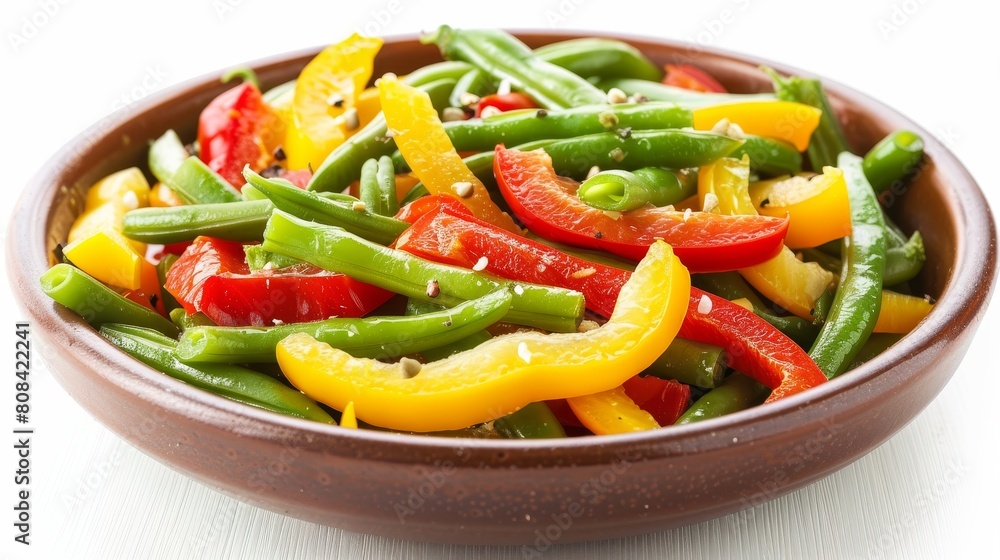 Bright and steamy mix of green beans and bell peppers, elegantly presented in a ceramic dish, isolated on white, professional studio lighting Bright and steamy mix of green beans and bell peppers, elegantly presented in a ceramic dish, isolated on white, professional studio lighting