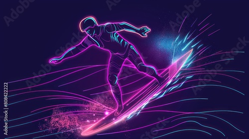 A man is riding a surfboard in a neon blue and pink background
