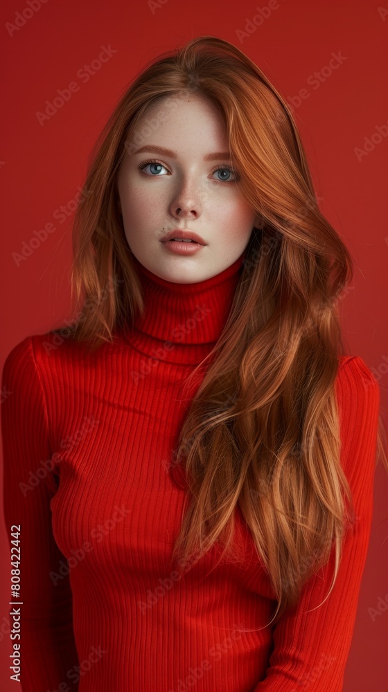 Young female wearing red sweater beauty face red long hair portrait Young female wearing red sweater beauty face red long hair portrait