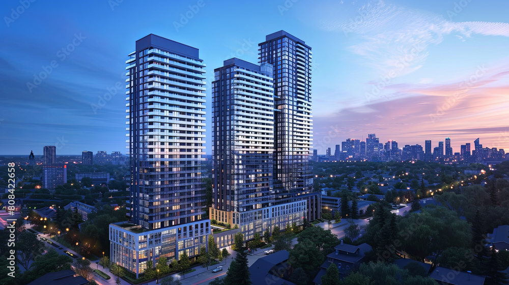 Fototapeta premium Metropolitan Residence: A contemporary condo complex soaring above the cityscape, providing upscale urban living.