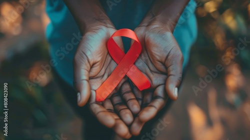 Hands holding a red ribbon, the international symbol for drug abuse awareness photo