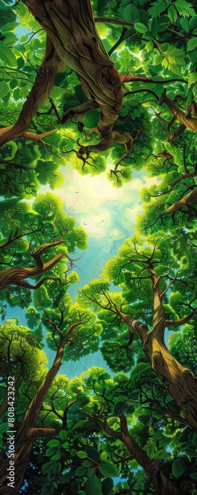 Fototapeta premium Capture a lush forest canopy from a worms-eye view