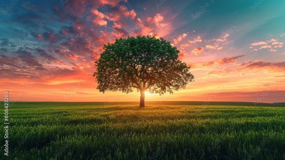 Fototapeta premium A stunning close-up of a solitary tree in a vast field, the branches elegantly silhouetted against a vibrant sky background, invoking a serene, pastoral mood