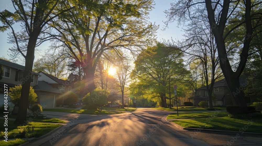Fototapeta premium A suburban road under the canopy of spring trees, sunlight peeking through, casting a mosaic of light across the neighborhood's charm