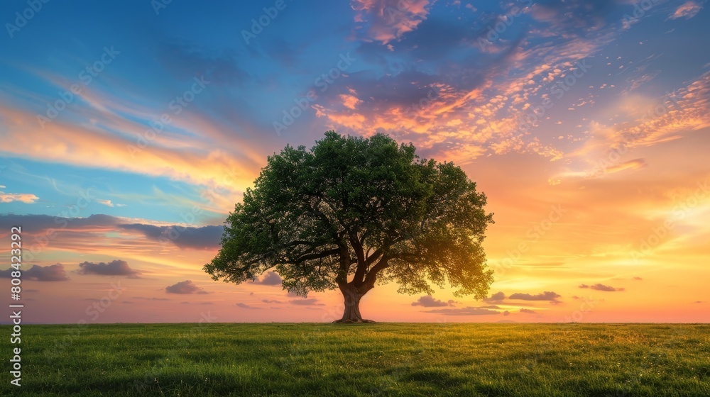 Fototapeta premium A stunning close-up of a solitary tree in a vast field, the branches elegantly silhouetted against a vibrant sky background, invoking a serene, pastoral mood