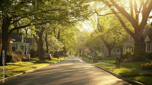 A suburban road under the canopy of spring trees, sunlight peeking through, casting a mosaic of light across the neighborhood's charm © Paul