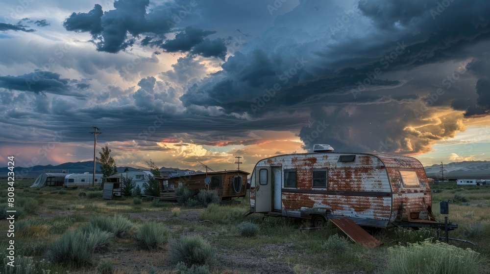 A storm brewing over a desolate junkyard where a timeworn trailer and camper whisper tales of past road adventures