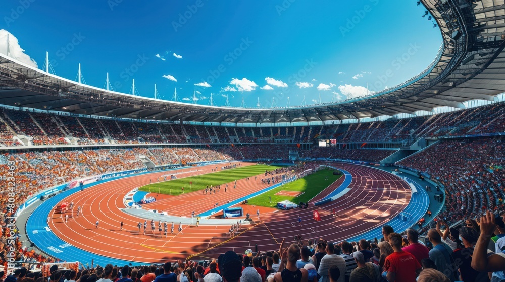 Runners Statium packed stadium filled with cheering spectators as the runners make ...