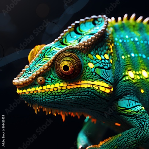 Green colored chameleon close up. Generative AI.