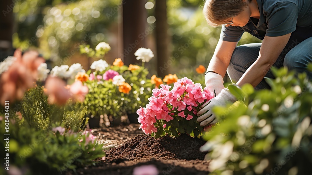 Woman putting beautiful flowers into the ground in the garden, arranging the garden, planting flowers in the garden, Woman putting beautiful flowers into the ground in the garden, arranging the garden, planting flowers in the garden,