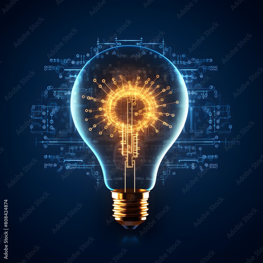Glowing light bulb with circuit board inside. Generative AI. Glowing light bulb with circuit board inside. Generative AI.