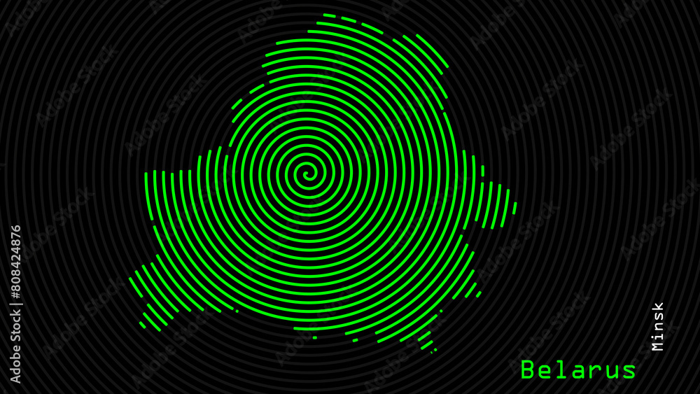 A map of Belarus, with a dark background and the country's outline in the shape of a colored spiral, centered around the capital. A simple sketch of the country, highlighting its unique shape. A map of Belarus, with a dark background and the country's outline in the shape of a colored spiral, centered around the capital. A simple sketch of the country, highlighting its unique shape.