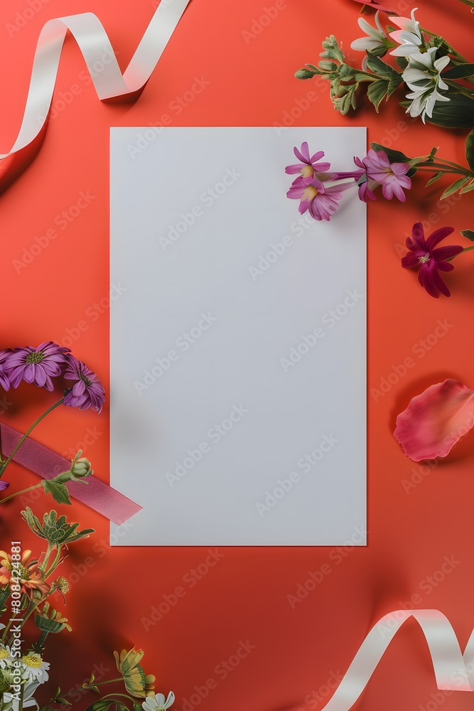 Enchanting greeting card invitation isolated empty space adorned with enthralling ribbon and flower ornaments Enchanting greeting card invitation isolated empty space adorned with enthralling ribbon and flower ornaments