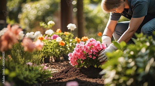 Woman putting beautiful flowers into the ground in the garden, arranging the garden, planting flowers in the garden, photo