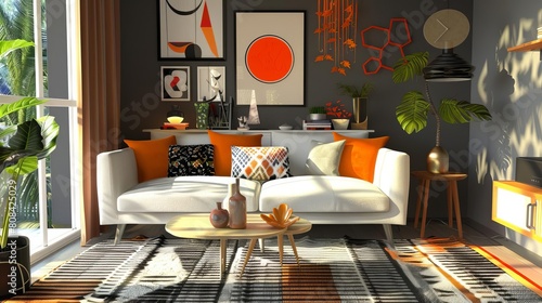 Inviting living space with vibrant orange accents and modern decor