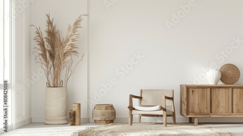 Blank wall in home interior  white room with natural wooden furniture  Scandinavian Boho style