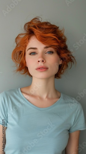 Young female wearing blue t shirt beauty face short hair portrait © Montalumirock