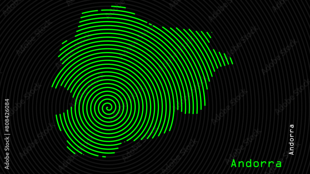 A map of Andorra, with a dark background and the country's outline in the shape of a colored spiral, centered around the capital. A simple sketch of the country, highlighting its unique shape. A map of Andorra, with a dark background and the country's outline in the shape of a colored spiral, centered around the capital. A simple sketch of the country, highlighting its unique shape.