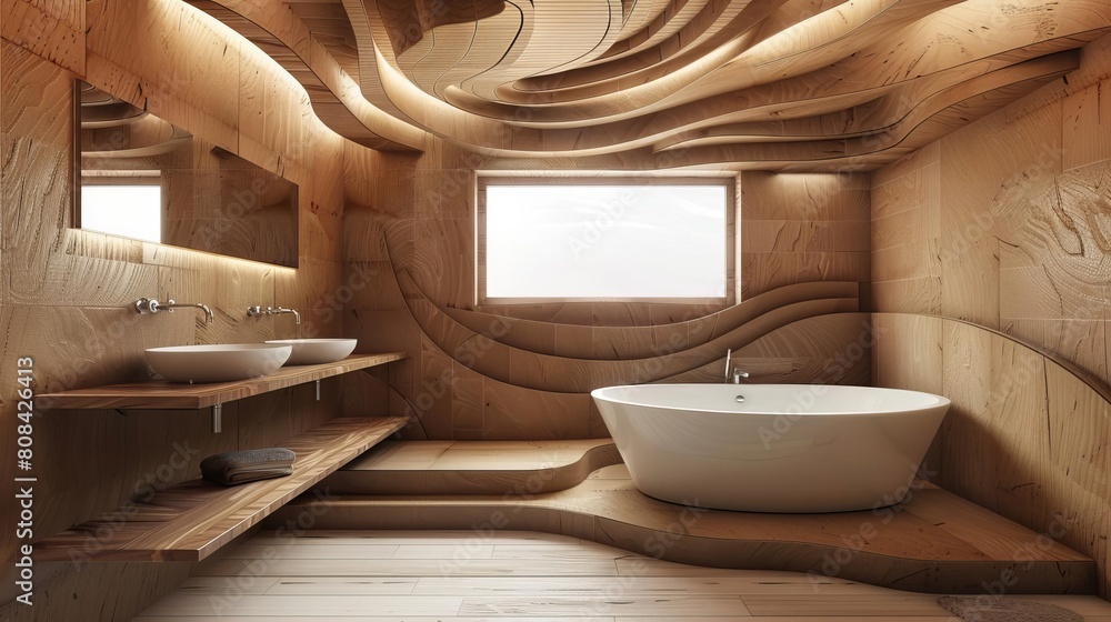 Modern and stylish bathroom with unique wooden wavelike panels