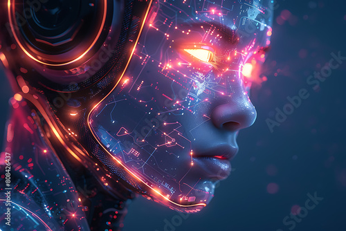 A futuristic cyborg is depicted in wireframe style against a dark blue background, showcasing advanced technology and innovation