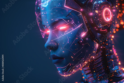 A futuristic cyborg is depicted in wireframe style against a dark blue background, showcasing advanced technology and innovation