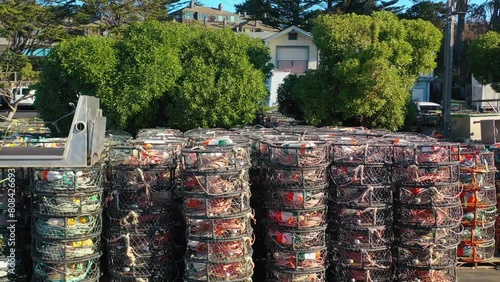 Crab Pots Stacked at the Dock Bodega Bay Boat Harbor Drone 4k