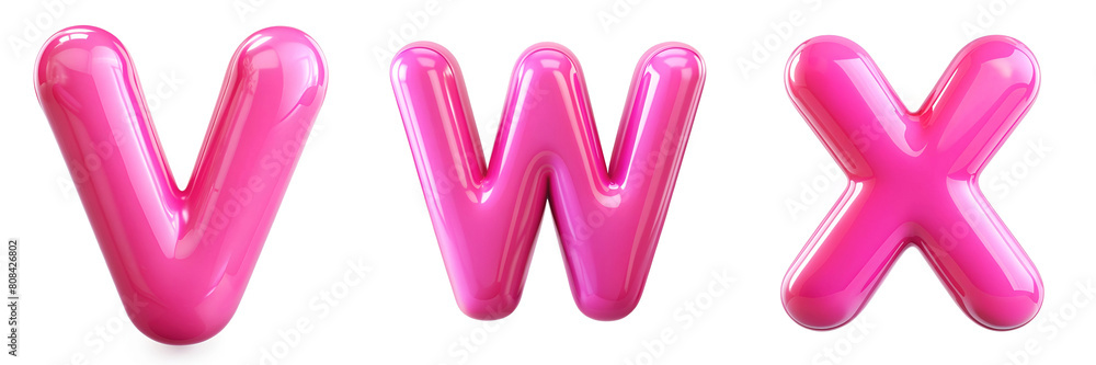 Letters V, W, X. Shiny Pink 3D Glossy Alphabet: Bubblegum Pink Brilliance. Letters V, W, X. Shiny Pink 3D Glossy Alphabet: Bubblegum Pink Brilliance.