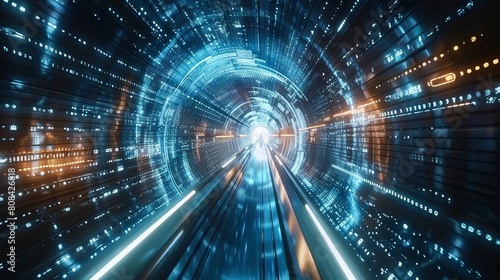 Modern virtual reality environment illustrating highspeed data transfer through a luminous digital tunnel