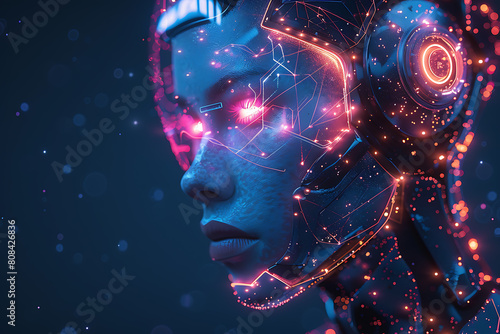 A futuristic cyborg is depicted in wireframe style against a dark blue background  showcasing advanced technology and innovation