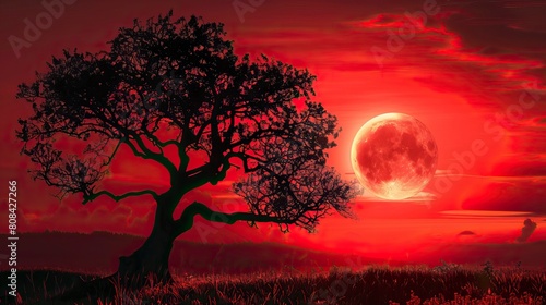 landscape with old tree silhouette against a red moonlit sky