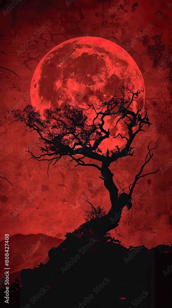 landscape with old tree silhouette against a red moonlit sky landscape with old tree silhouette against a red moonlit sky