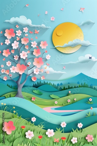  Colorful spring landscape in layered paper art style 