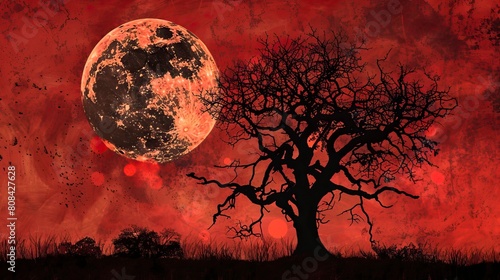 landscape with old tree silhouette against a red moonlit sky