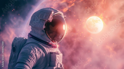 Astronaut in a gleaming space suit examines a mysterious ring door, floating against the backdrop of a soft pink planet