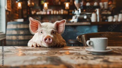 Pig enjoying a moment in a coffee shop photo
