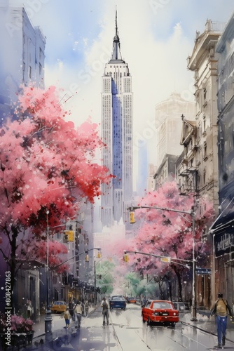 Chinese guo hua style painting of Empire State Building